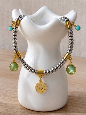 18k Gold Plated 316L SS Two Tone Beaded Charm Bracelet Flower CZ Green Adj 6.5-9